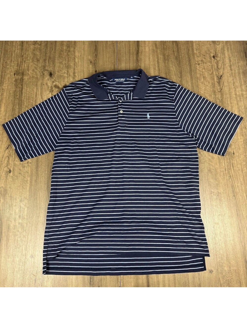 Polo Ralph Lauren Golf Mens XL Custom Fit Polo Navy & White Striped White Pony